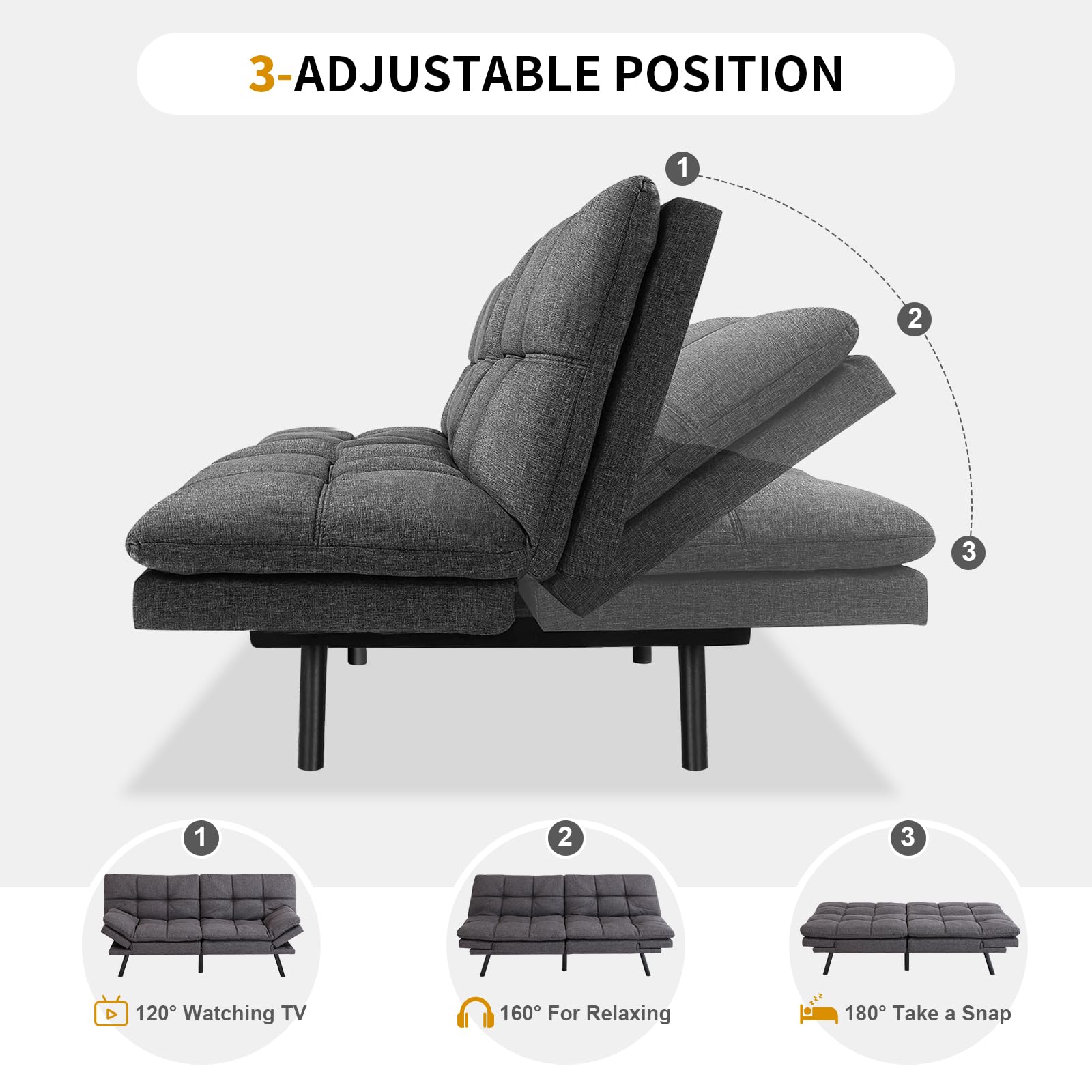 MUUEGM Futon Sofa Couch Bed, Convertible Memory Foam Futons Couch Bed, Adjustable Backrests Armrests Couch Bed Sleeper,Modern Love Seat Daybed Sofa for Living Room,Small Space,Office,71", Linen Grey