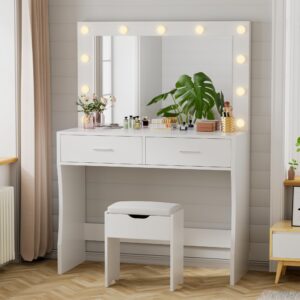 YESHOMY Vanity Desk with Mirror, Makeup Table with 11 Adjustable Lights and 2 Spacious Drawers, Soft-Padded Storage Stool, 3 Lighting Modes with Control, for Bedroom, White