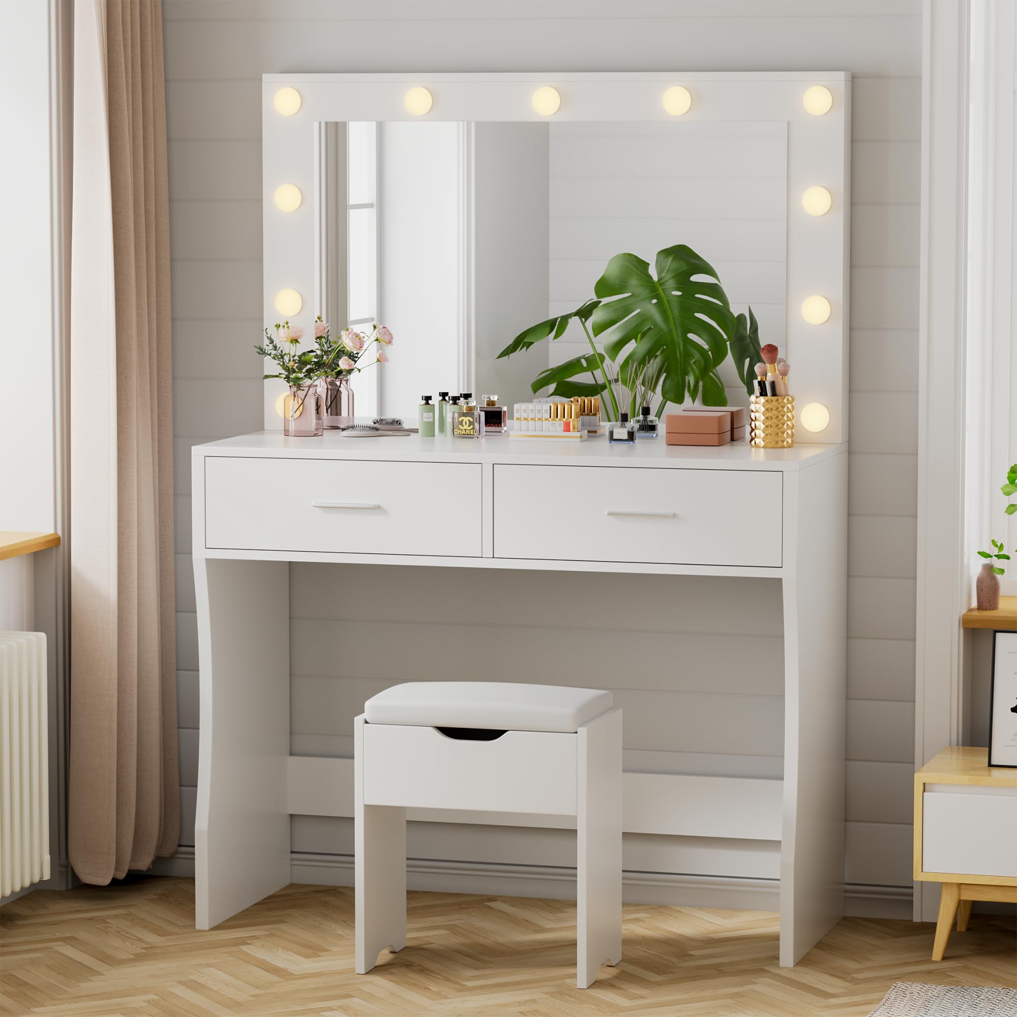 YESHOMY Vanity Desk with Mirror, Makeup Table with 11 Adjustable Lights and 2 Spacious Drawers, Soft-Padded Storage Stool, 3 Lighting Modes with Control, for Bedroom, White