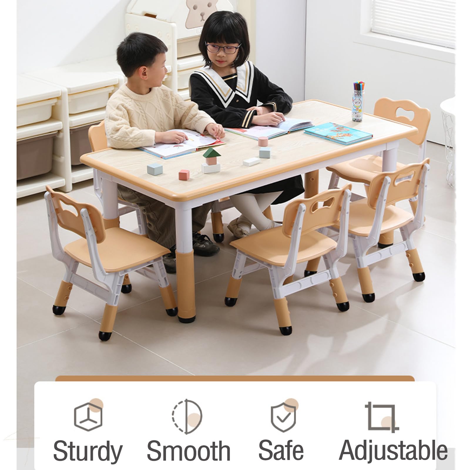 Kids Table and Chairs Set, Height Adjustable Desk With 6 Seats for Ages 2-10,Arts & Crafts Table,Graffiti Desktop, Non-Slip Legs, Max 300lbs, Children Multi-Activity Table for Classrooms,Daycares,Home