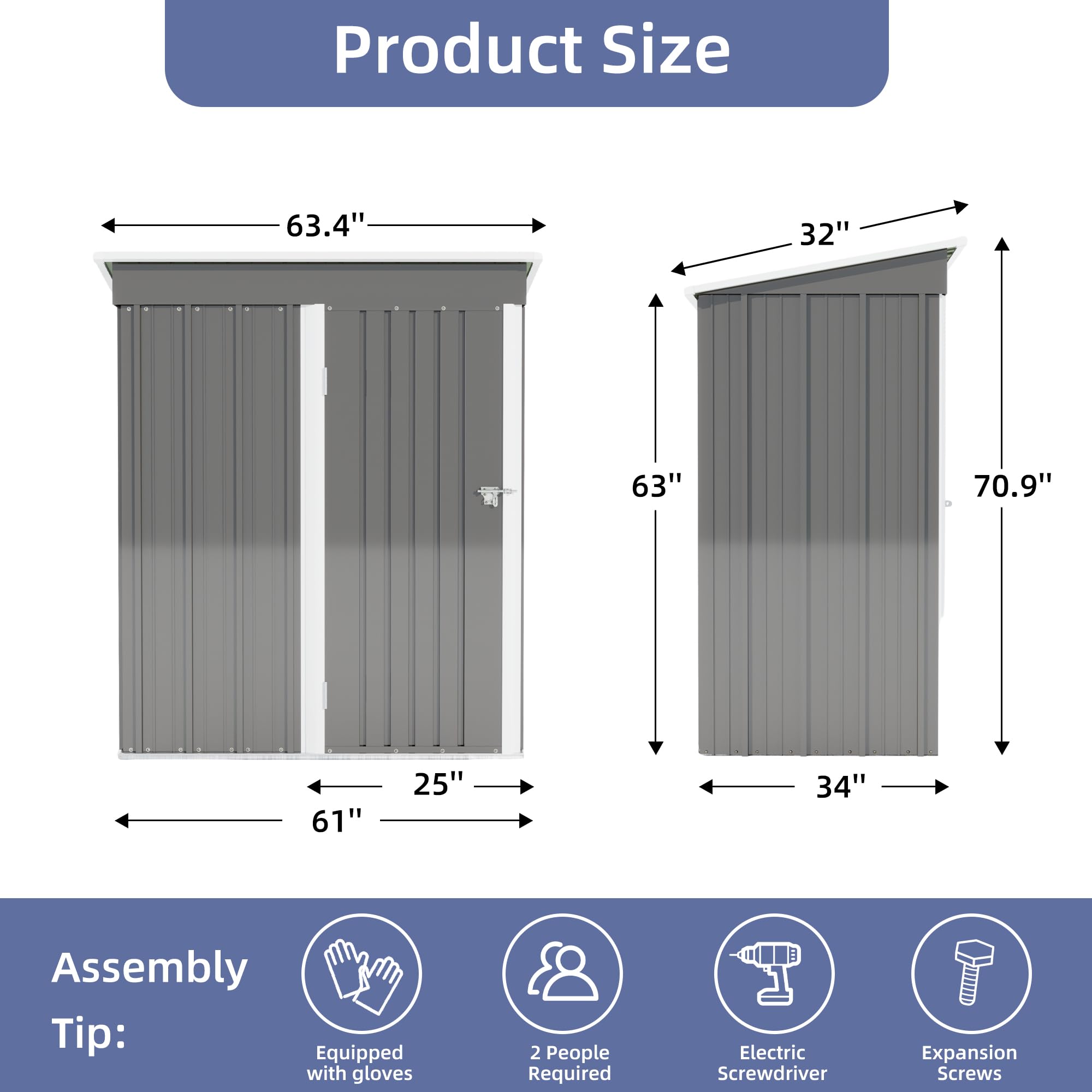 5X3 FT Outdoor Storage Shed, Waterproof Metal Garden Sheds with Lockable Door, Steel Tool Storage Buildings Shed & Outdoor Storage House for Garden, Backyard, Patio, Lawn, Trash Cans(Gray)