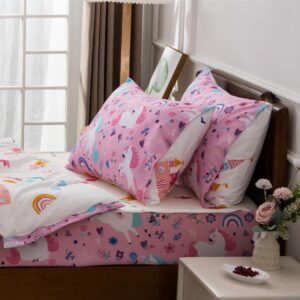 Meeting Story 3pcs Kids Comforter Sets Zipper Bedding Set for Girls,Twin Kid Bedding Set Rainbow Comforter Unicorn Bedding Set for Kid,All in one Zipper Bedding(Pink，Twin