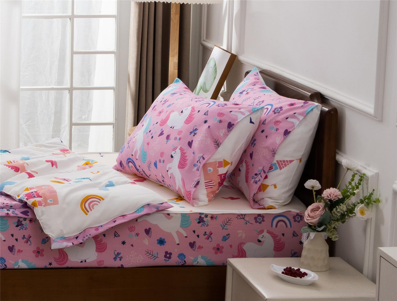 Meeting Story 3pcs Kids Comforter Sets Zipper Bedding Set for Girls,Twin Kid Bedding Set Rainbow Comforter Unicorn Bedding Set for Kid,All in one Zipper Bedding(Pink，Twin