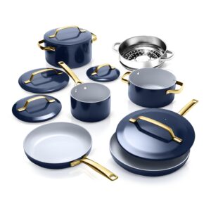 gotham steel modern 11 pc ceramic pots and pans set non stick, kitchen cookware sets, non stick pots and pan set, ceramic cookware set, pot and pan set, non toxic cookware set, dishwasher safe - navy