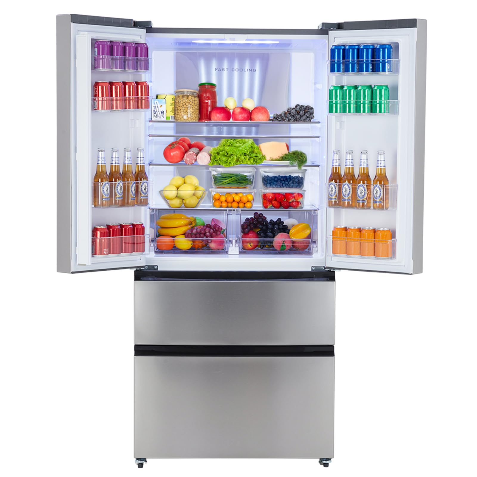 GarveeHome French Door Refrigerator, 18.8 Cu.Ft. Counter Depth Stainless Steel Refrigerators, 4 Door Fridges Full Size Bottom Freezer Kitchen Fridge, Automatic Defrost, LED Lighting