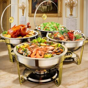 pitinnov chafing dish buffet set 4 pack, 5 qt round chafing dishes for buffet, stainless steel chafers and buffet warmers sets, catering food warmer for parties, weddings and dinners