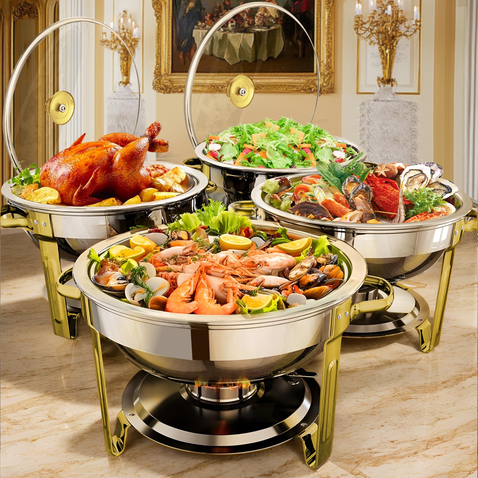 PitInnov Chafing Dish Buffet Set 4 Pack, 5 QT Round Chafing Dishes for Buffet, Stainless Steel Chafers and Buffet Warmers Sets, Catering Food Warmer for Parties, Weddings and Dinners