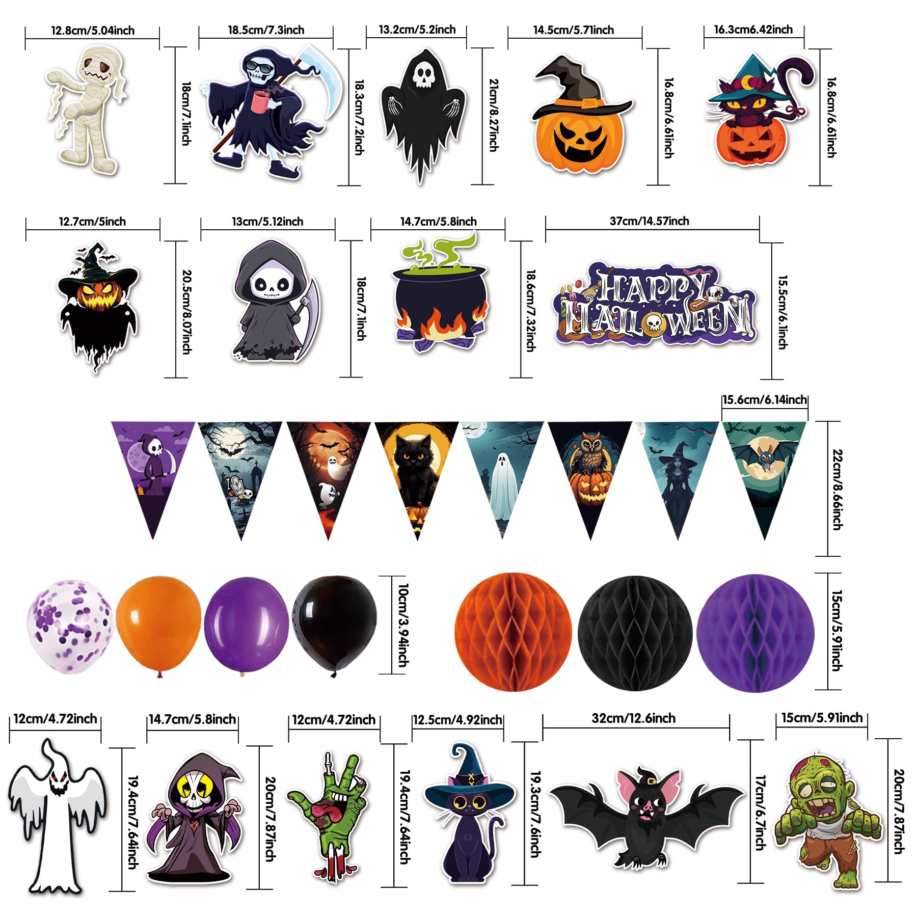 2024 Halloween Birthday Party Decoration,Cute Halloween Garland Bunting Banner Triangle Flag with Foil Swirl Ceiling Hanging Cards,Pumpkin Ghost Witches Bat Spider Skull Sticker