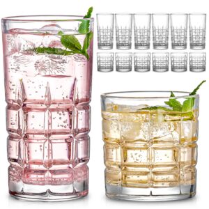 Bulk Drinking Glasses Set of 12, Clear Glass Cups, Mixed Glassware Sets, 15 OZ Large Highball Water Glasses & 11 OZ Rock Glasses, Tumbler Drinkware Kitchen for Cocktail Iced Coffee Beer Tea Whiskey