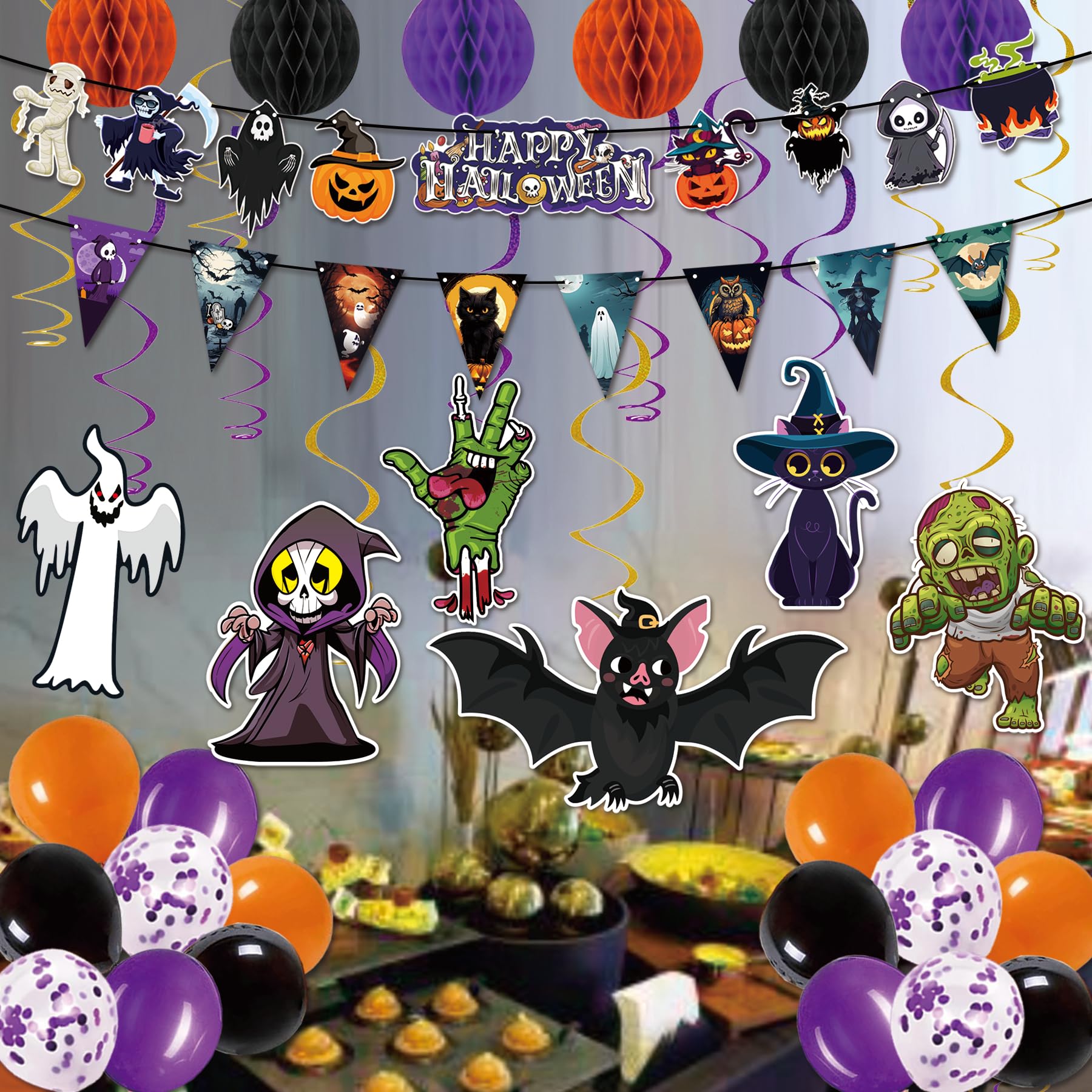 2024 Halloween Birthday Party Decoration,Cute Halloween Garland Bunting Banner Triangle Flag with Foil Swirl Ceiling Hanging Cards,Pumpkin Ghost Witches Bat Spider Skull Sticker