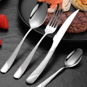 18/8 stainless steel flatware set for 8, tableware set handle France style cutlery set with knife, fork, spoon, steak knife in Diamond texture pattern, perfect as a housewarming gift