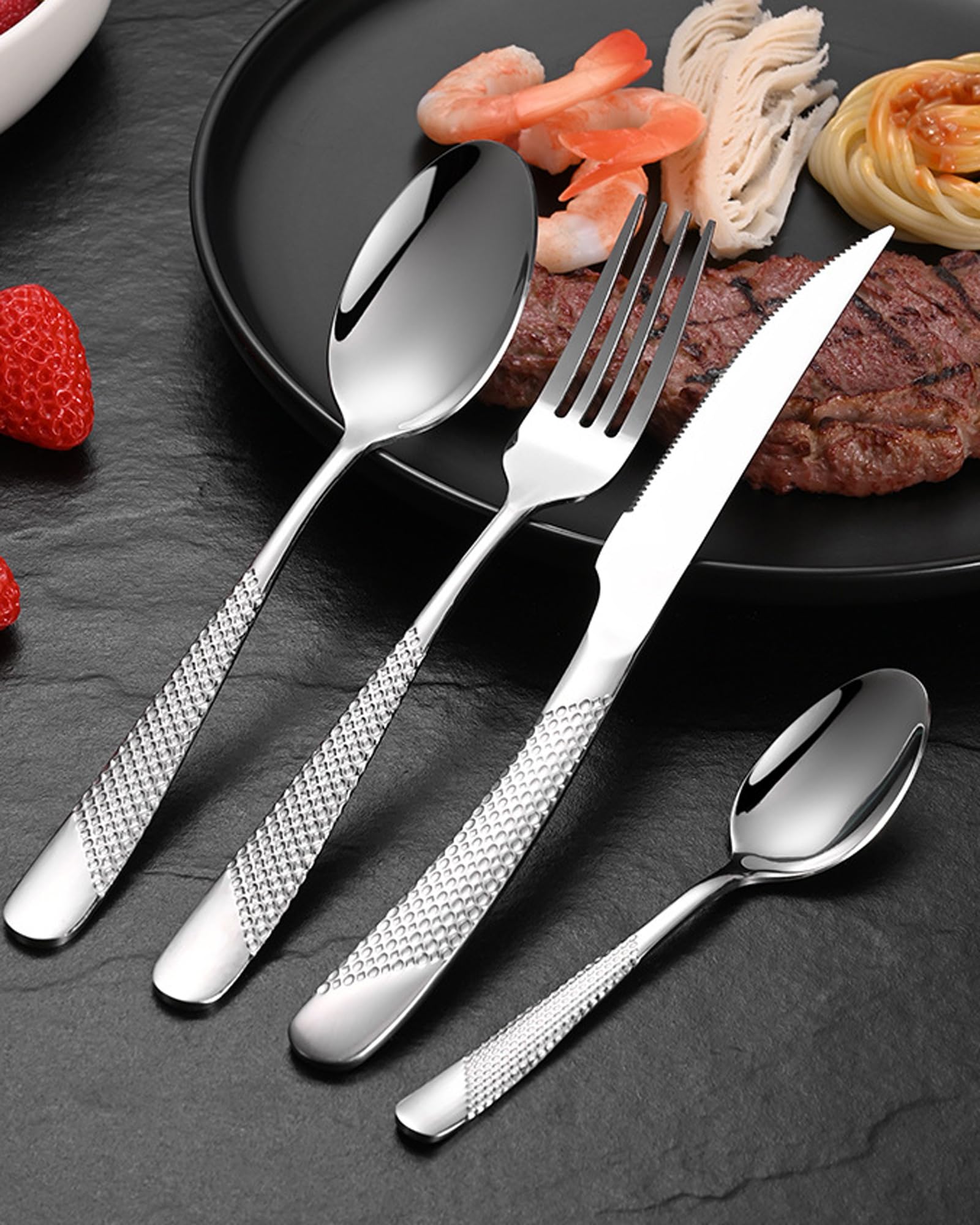 18/8 stainless steel flatware set for 8, tableware set handle France style cutlery set with knife, fork, spoon, steak knife in Diamond texture pattern, perfect as a housewarming gift