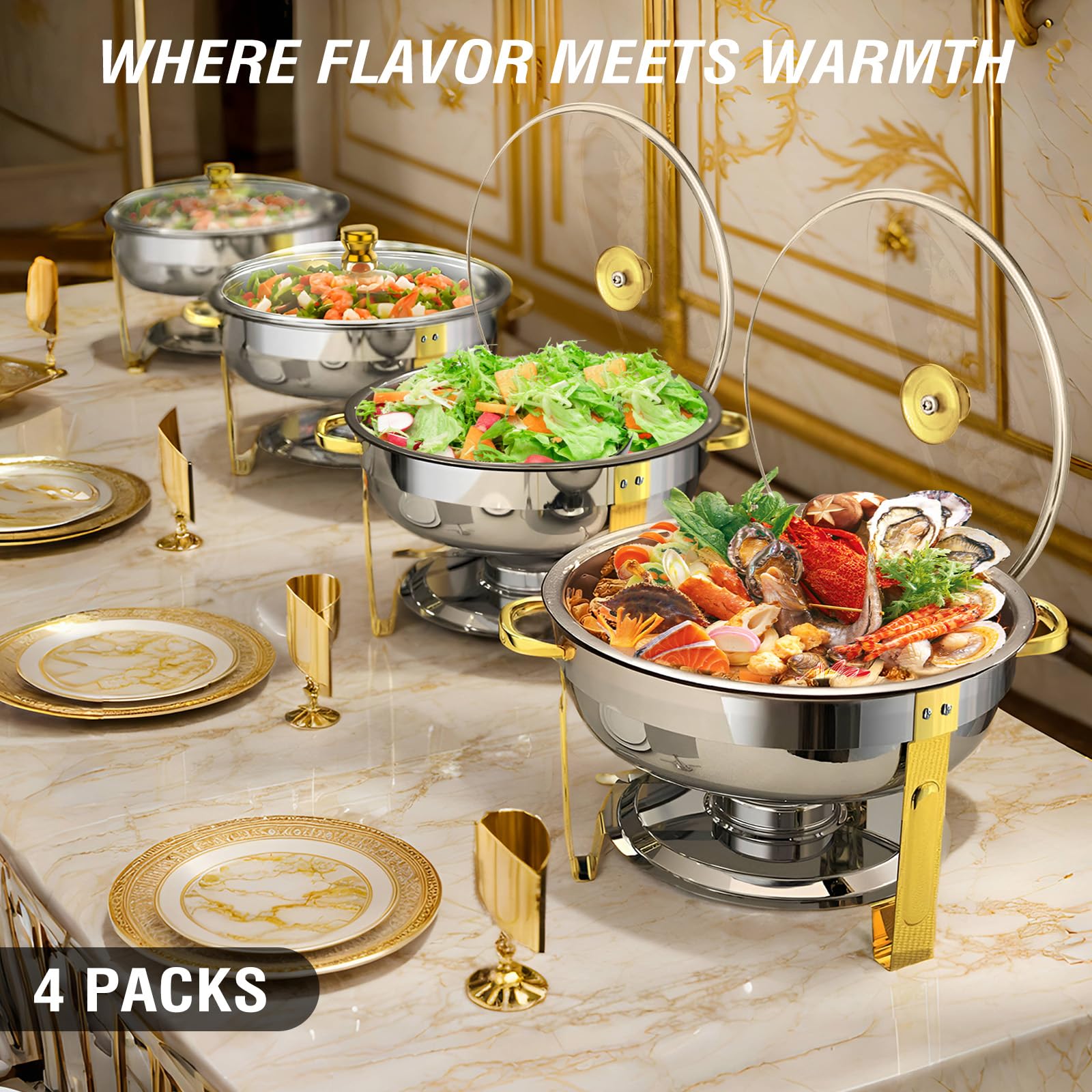 PitInnov Chafing Dish Buffet Set 4 Pack, 5 QT Round Chafing Dishes for Buffet, Stainless Steel Chafers and Buffet Warmers Sets, Catering Food Warmer for Parties, Weddings and Dinners