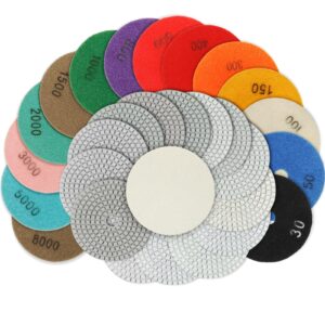 4 inch diamond polishing pads,15 pack wet/dry polish pad kit for drill, grinder, polisher,30-8000 grit pads for granite marble concrete stone quartz