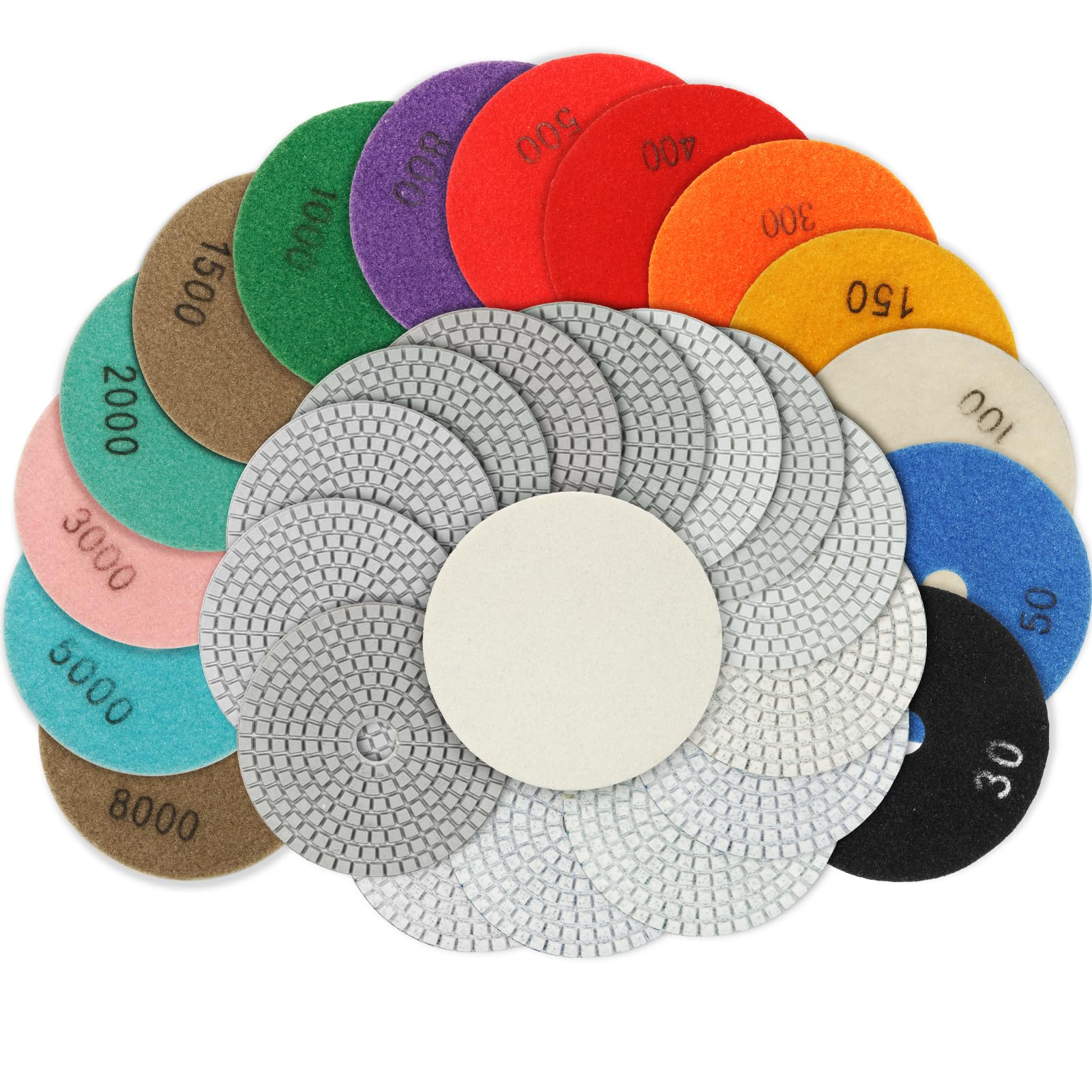 4 Inch Diamond Polishing Pads,15 Pack Wet/Dry Polish Pad Kit for Drill, Grinder, Polisher,30-8000 Grit Pads for Granite Marble Concrete Stone Quartz