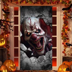 joker clown halloween door cover, halloween banner halloween door decorations with classic horror movie killer door cover backdrop for halloween party supplies, scary terror halloween front door porch 70*35 inch