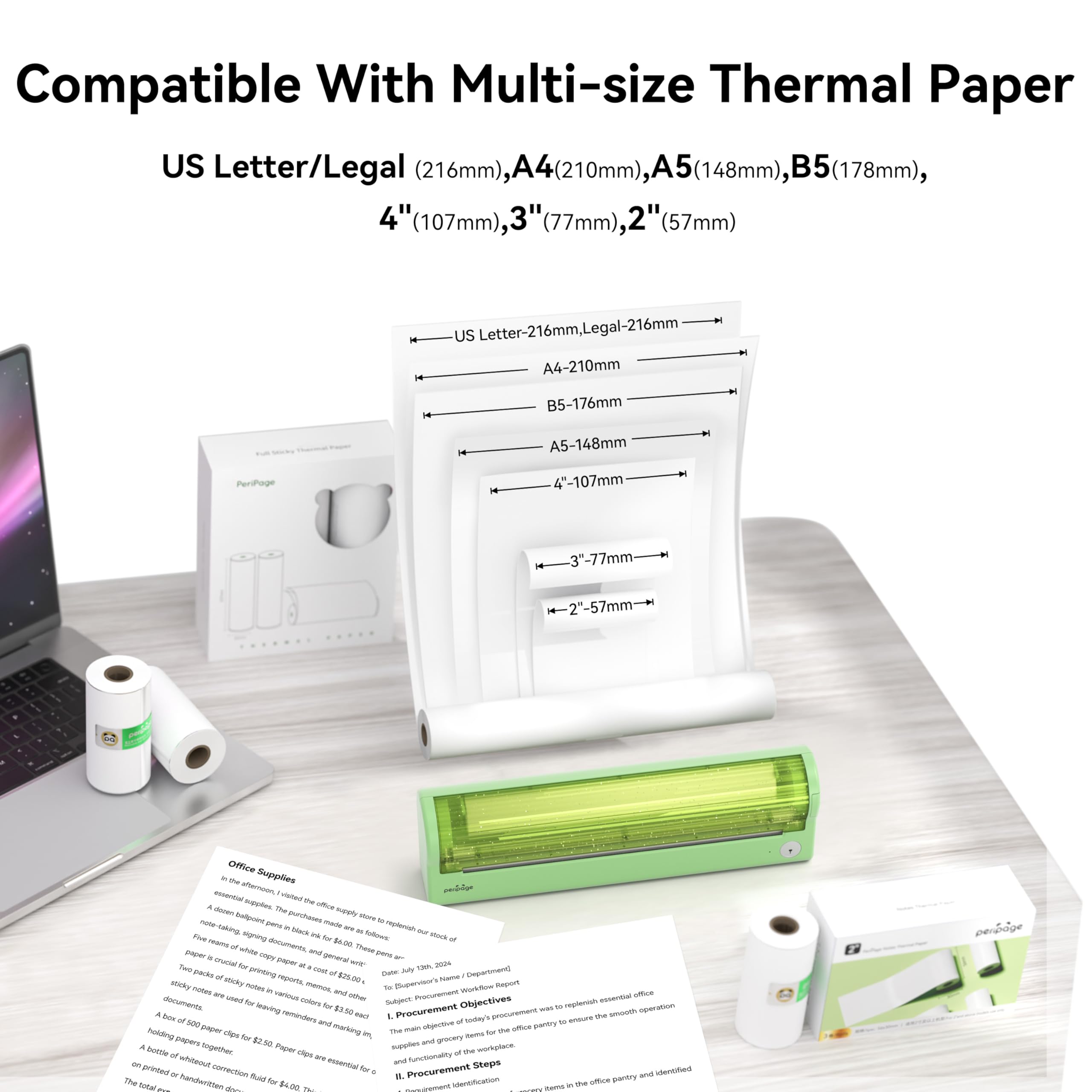 PeriPage P80 Portable Printer,Thermal Wireless Bluetooth Printer Support 8.5" X 11" US Letter & Legal,A4 Thermal Paper, Inkless Printer Compatible with iOS, Android Phone,Laptops (Green 300dpi)