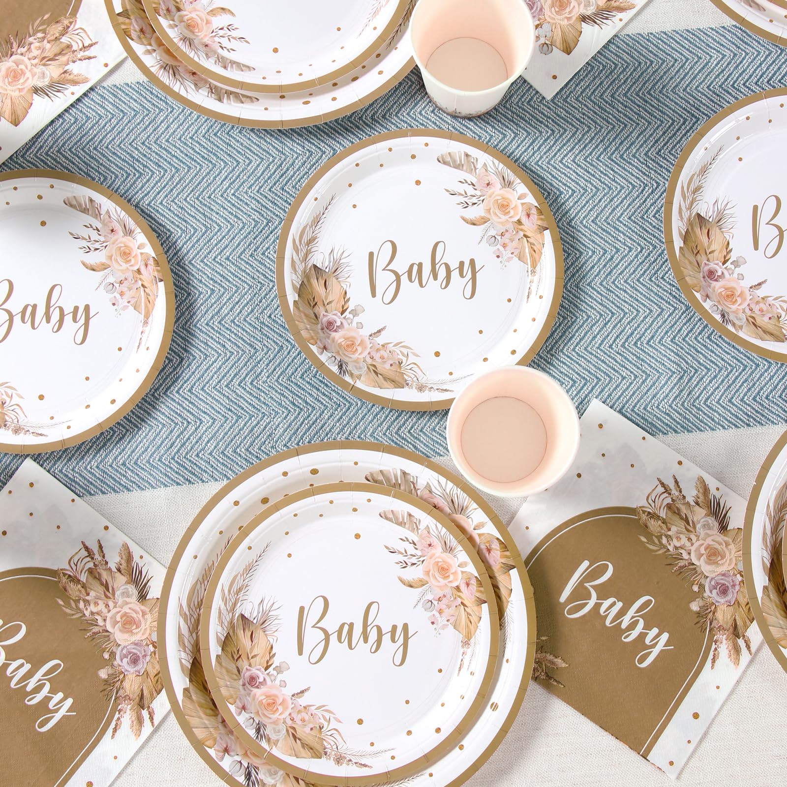 Boho Baby Shower Decorations Plates and Napkins Tableware for 24 Guests, Pampas Grass Floral Paper Plates Cups Design for Neutral Baby Shower Girl Boy Boho Party Supplies