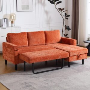 OUYESSIR L Shaped Sleeper Convertible Sofa with Pull Out Bed, Chenille Modern 3 Seater Sofa Couch with Storage Chaise Lounge & Laptop Table, Upholstered Furniture for Living Room Bedroom, Orange