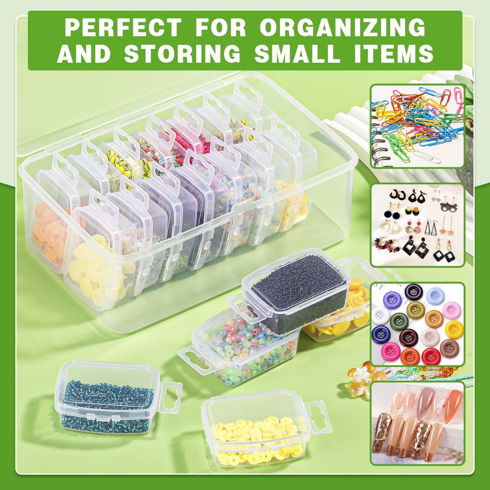 FOUSNOW 21 Pcs Small Bead Organizers With Lids, Mini Clear Plastic Containers and Storage Box for Collecting Jewelry, Bead, Sticker, with Hinged Lid Transparent Craft Supply Case