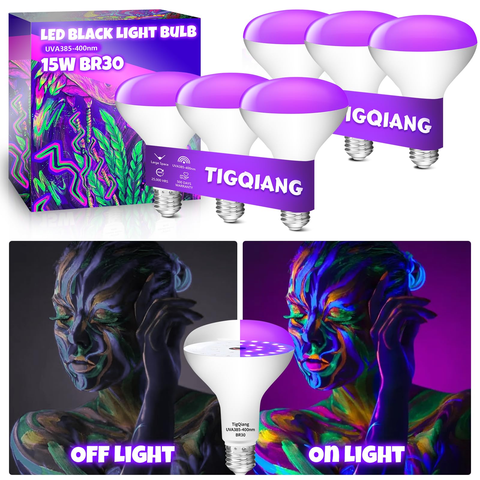 TigQiang White Casing Black Light Bulbs, Blacklight Bulb 6 Packs, 120W Equivalent, E26 BR30 LED Black Light Bulb 385-400nm for Halloween Christmas Decor, Body Paint, Glow Party, Fluorescent Poster