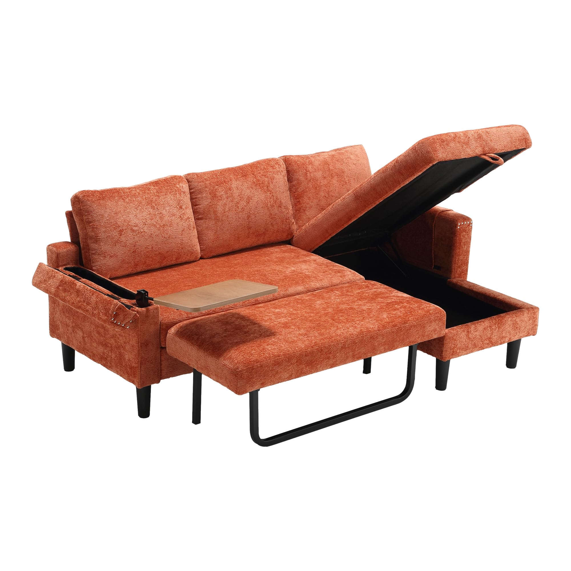 OUYESSIR L Shaped Sleeper Convertible Sofa with Pull Out Bed, Chenille Modern 3 Seater Sofa Couch with Storage Chaise Lounge & Laptop Table, Upholstered Furniture for Living Room Bedroom, Orange