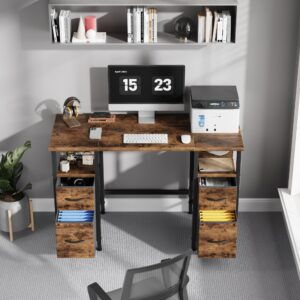 YAOHUOO 47 Inches Computer Desk with 4 Fabric Drawers, Small Office Desk with File Drawers, Writing Desk for Home Office, Work Table for Bedroom, Rustic Brown