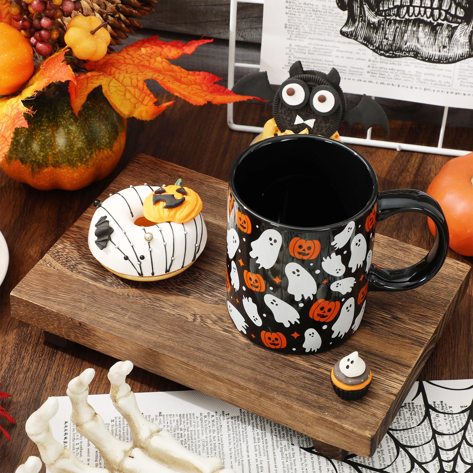 Whaline Halloween Mug Ghost Pumpkin Coffee Mug Black White Orange Ceramic Drinking Mugs for Halloween Party Supplies Table Centerpieces, 12oz