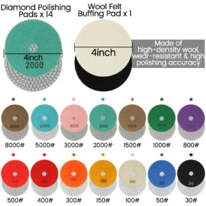 4 Inch Diamond Polishing Pads,15 Pack Wet/Dry Polish Pad Kit for Drill, Grinder, Polisher,30-8000 Grit Pads for Granite Marble Concrete Stone Quartz