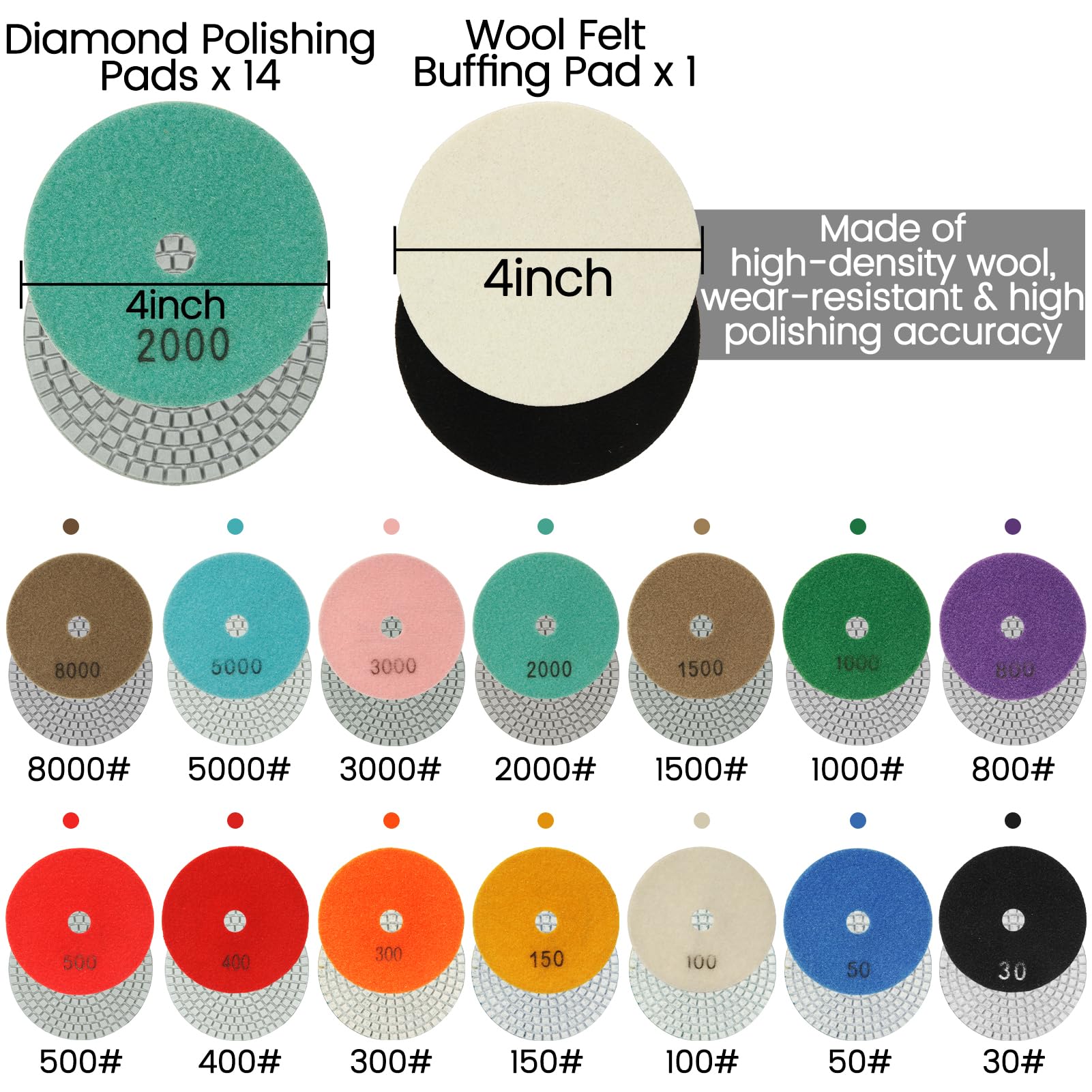 4 Inch Diamond Polishing Pads,15 Pack Wet/Dry Polish Pad Kit for Drill, Grinder, Polisher,30-8000 Grit Pads for Granite Marble Concrete Stone Quartz