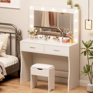 yeshomy vanity desk with mirror, makeup table with 11 adjustable lights and 2 spacious drawers, soft-padded storage stool, 3 lighting modes with control, for bedroom, white