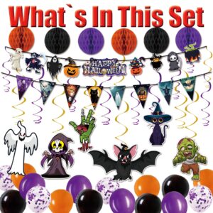 2024 Halloween Birthday Party Decoration,Cute Halloween Garland Bunting Banner Triangle Flag with Foil Swirl Ceiling Hanging Cards,Pumpkin Ghost Witches Bat Spider Skull Sticker