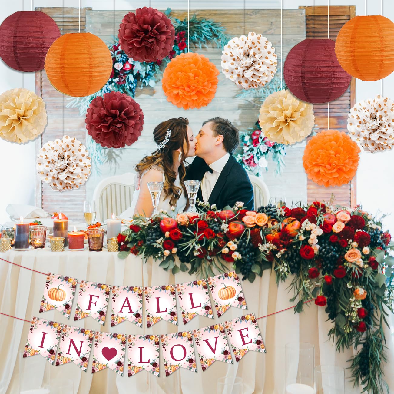 Fall in Love Bridal Shower Decorations, Fall in Love Wedding Supplies Fall Bachelorette Party Decorations with Orange Maroon Paper Pompoms and Lanterns for Fall Engagement Decorations