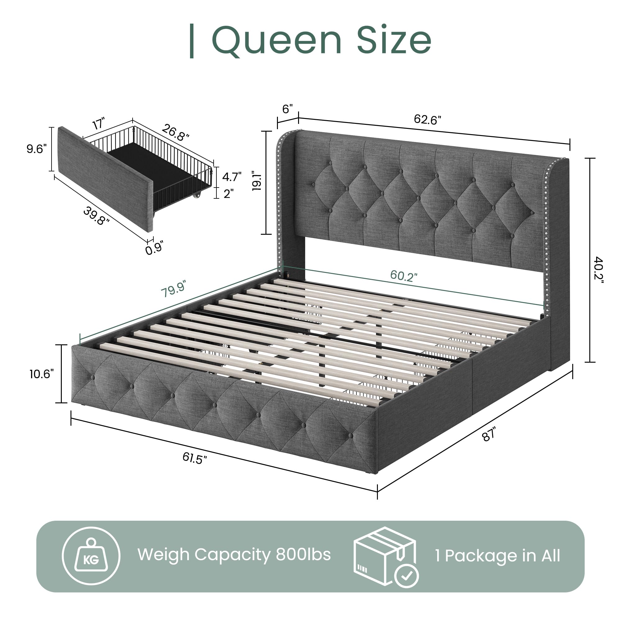 LARMACE Queen Size Bed Frame Linen Upholstered Bed with 4 Storage Drawers and Wingback Headboard Tufted Platform Beds Frame with Wood Slats Support, No Box Spring Needed, Light Grey