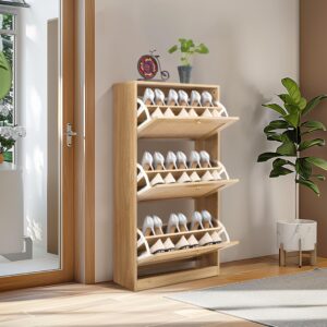 Finnhomy 3 Tier Shoe Cabinet with Natural Rattan Flip Drawers for Entryway, Free Standing Slim Shoe Storage Organizer with Large Top Board, Shoe Cabinet with Adjustable Width Drawers, Natural