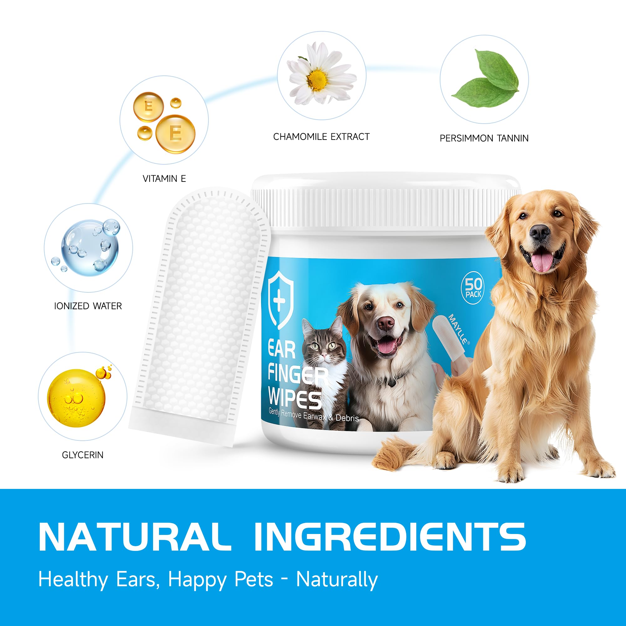 Maylle Ear Finger Wipes for Dogs & Cats - Gently Clean Ear Wax,Reduce Inflammation,Sooths & Deodorizes,Non-Irritating Natrual Ingredients (50 Count)