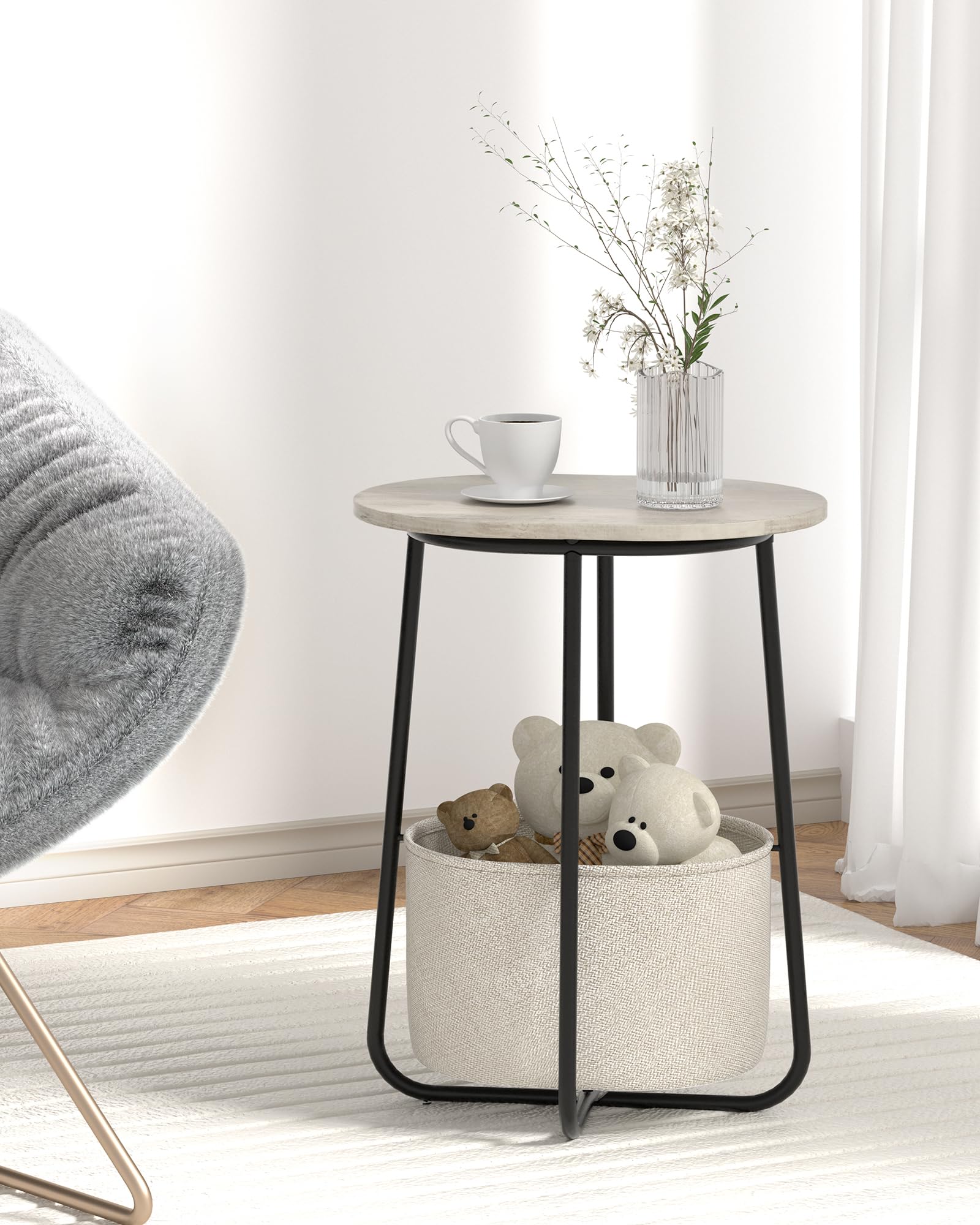 TUTOTAK Small Side Table, Oval End Table, Night Stand, Bedside Table, Sofa Table with Cloth Storage Basket, Living Room, Bed Room, Greige TB01BG063