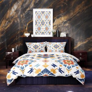 placitiume geometric tribal duvet cover set king size, aztec pattern bedding, burnt orange and white, 3piece