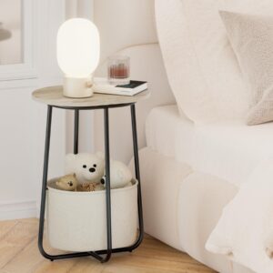 TUTOTAK Small Side Table, Oval End Table, Night Stand, Bedside Table, Sofa Table with Cloth Storage Basket, Living Room, Bed Room, Greige TB01BG063