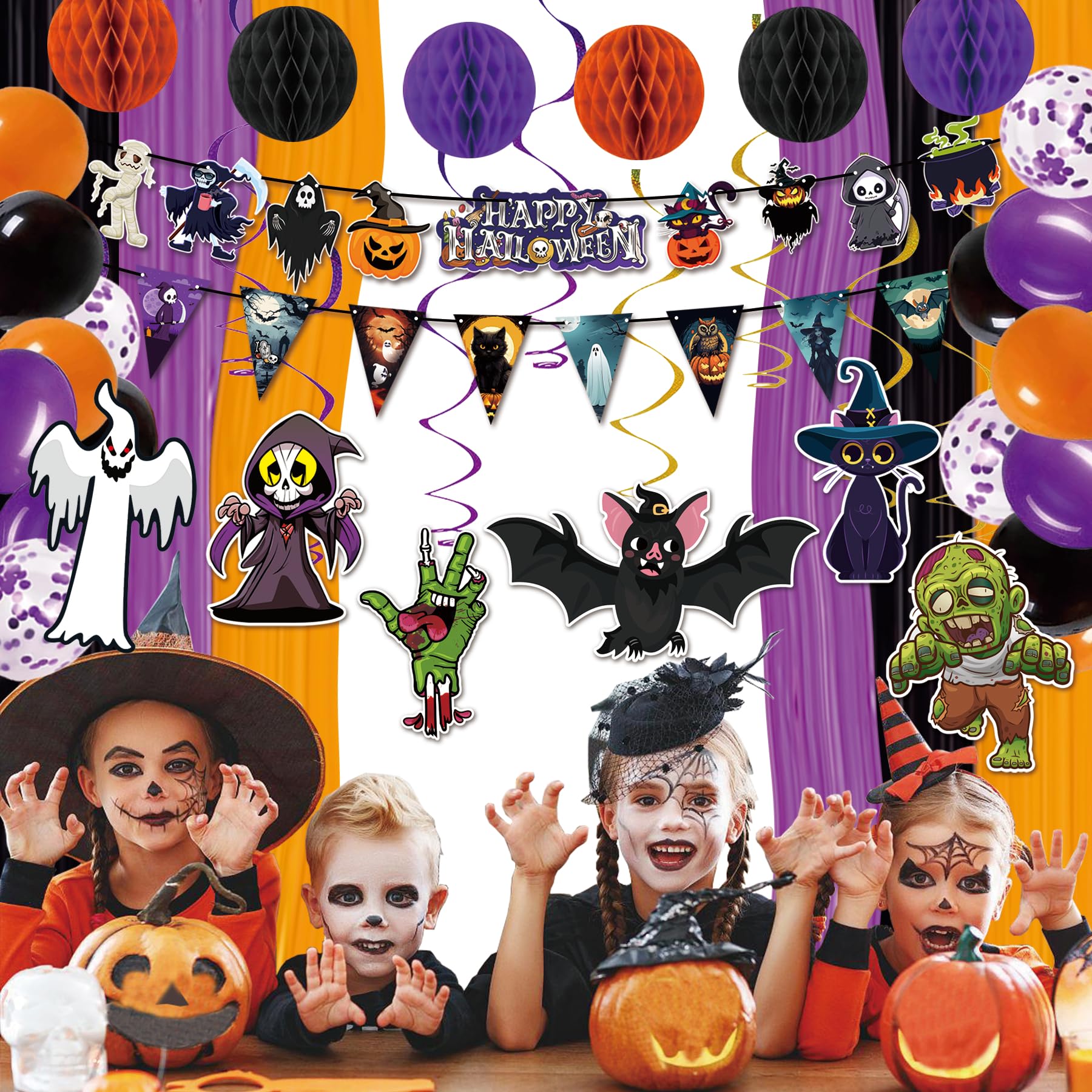 2024 Halloween Birthday Party Decoration,Cute Halloween Garland Bunting Banner Triangle Flag with Foil Swirl Ceiling Hanging Cards,Pumpkin Ghost Witches Bat Spider Skull Sticker