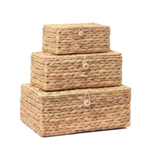 lusydeco set of 3 wicker storage baskets with lid, large rectangular rattan basket decorative boxes 15"l x 12"w x 7"h, natural water hyacinth wicker basket for shelf organizer, nursery room