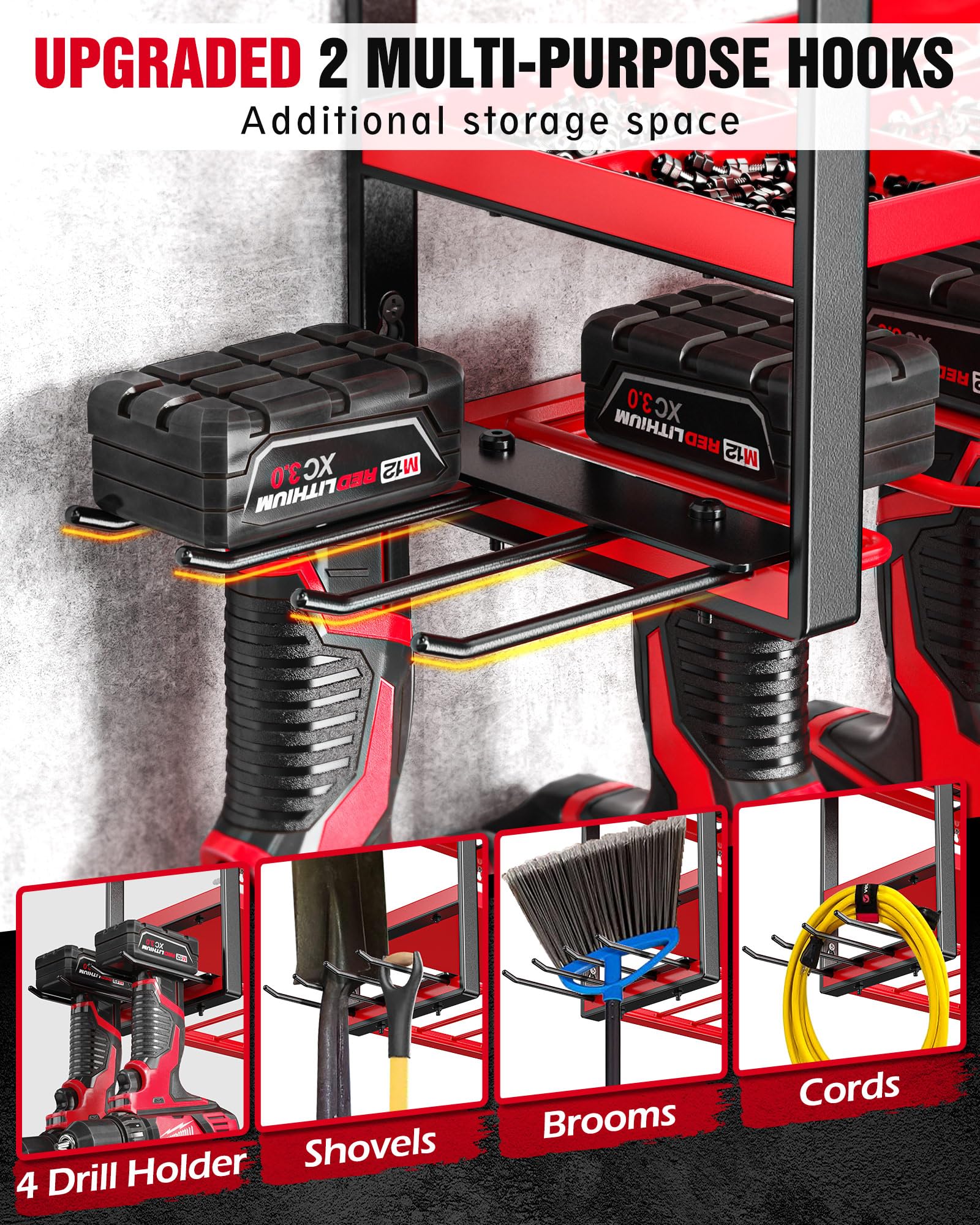 EACONPT Power Tool Organizer, 4 Layer Metal Tool Organizers and Storage, 11 Drill Holder Wall Mount, Power Tool Organizer Wall Mount, Heavy Duty Tool Organizer for Garage Storage, Gifts for Men, Red