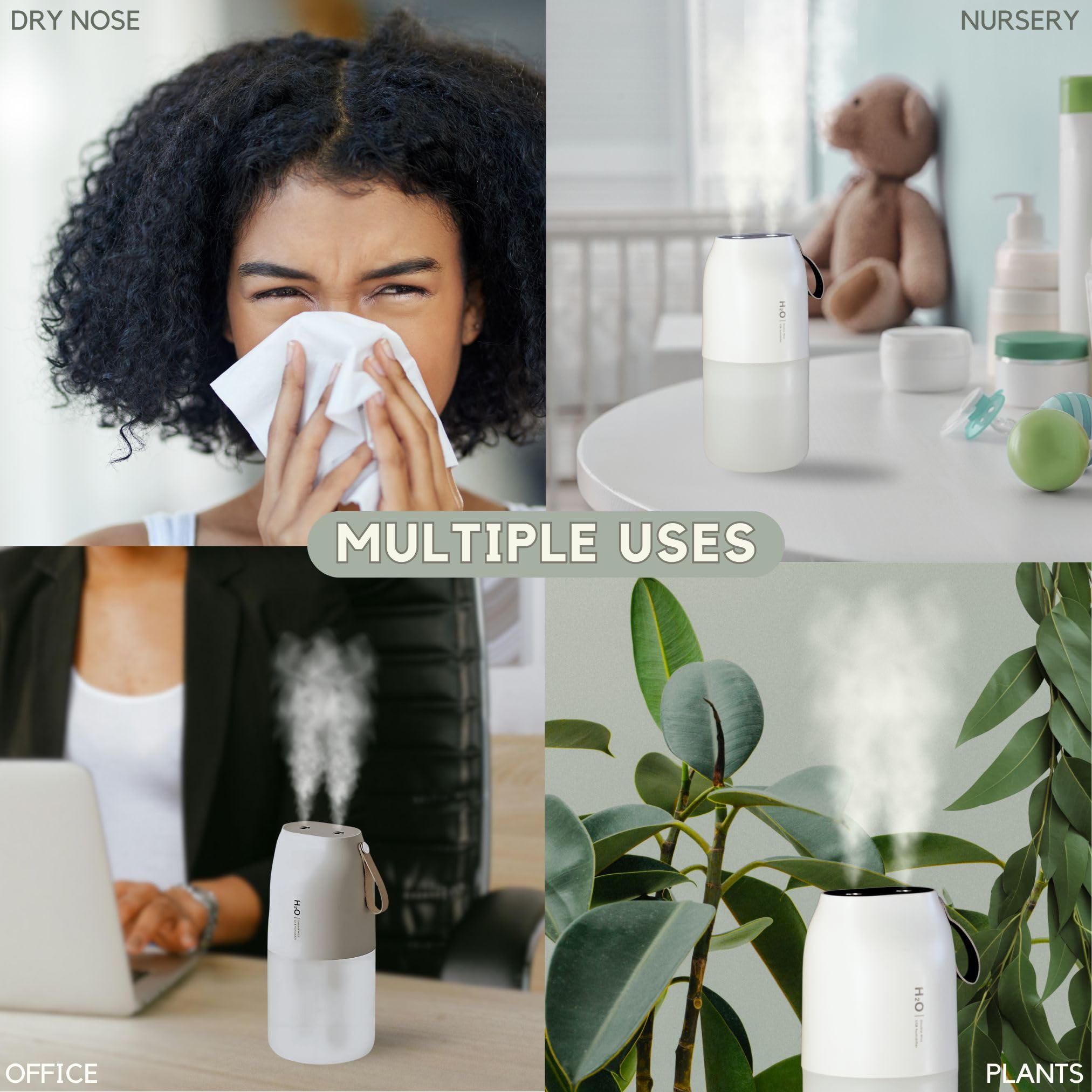 Portable Small Humidifier - Rechargable Double or Single Spray Cool Mist Car Auto Personal Desktop Humidifier Baby Airplane Travel Office Built-in Battery USB Plants Quiet Night Light