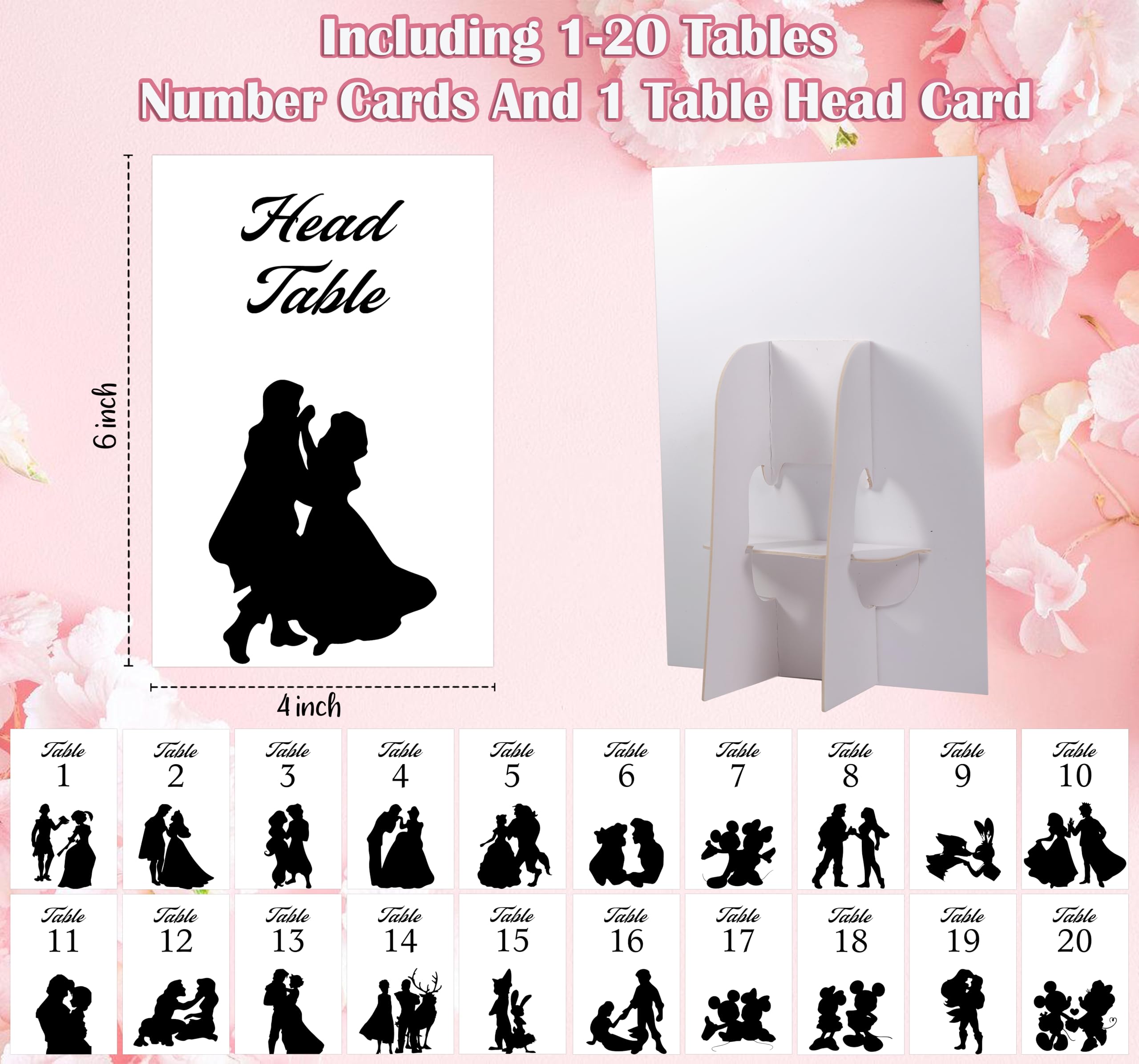 Cartoon Table Numbers 1-20 with Head Table Card & Stands Holders, Elegant 4 x 6 Inch Place Seating Sign for Baby Shower, Wedding Reception, Birthday Party Event Centerpiece Decorations