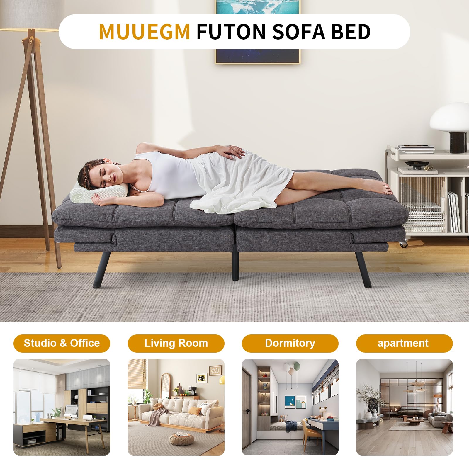 MUUEGM Futon Sofa Couch Bed, Convertible Memory Foam Futons Couch Bed, Adjustable Backrests Armrests Couch Bed Sleeper,Modern Love Seat Daybed Sofa for Living Room,Small Space,Office,71", Linen Grey