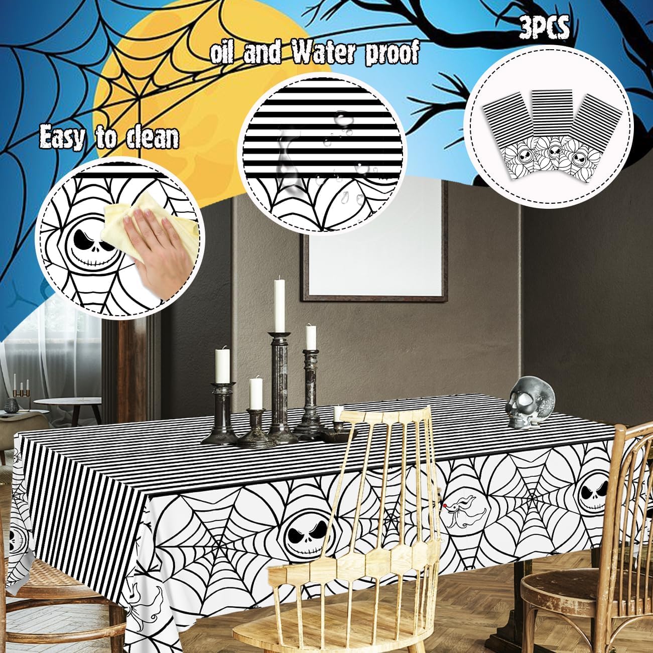 suonengongyi Nitemare Christmas Tablecloth, 3PCS Halloween Cobweb Disposable Tablecovers Halloween Spider Web Tablecloth with Nitemare Christmas for Halloween Birthday Party Decoration