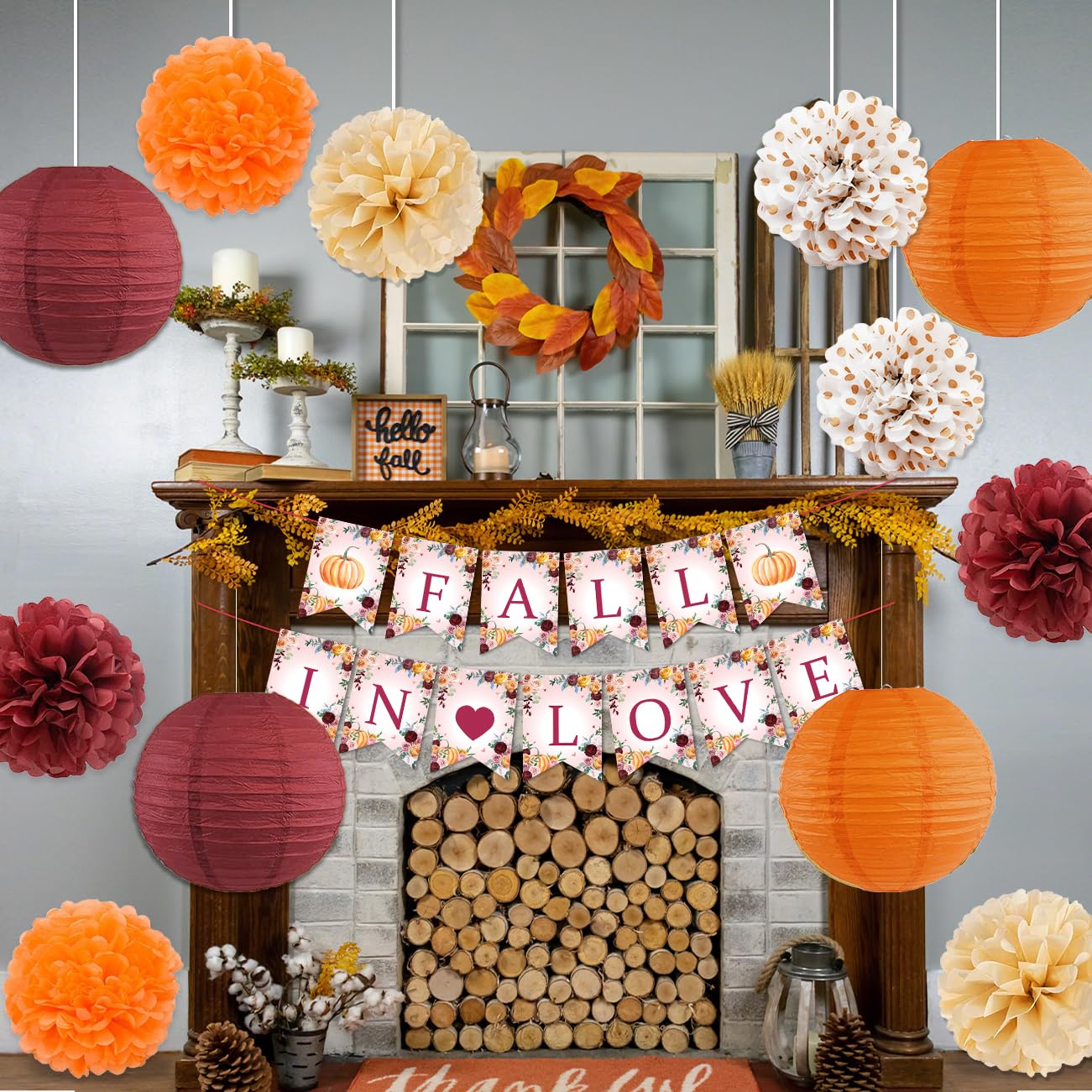 Fall in Love Bridal Shower Decorations, Fall in Love Wedding Supplies Fall Bachelorette Party Decorations with Orange Maroon Paper Pompoms and Lanterns for Fall Engagement Decorations