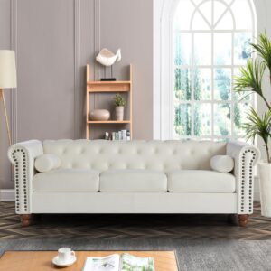 RuiSiSi Classic Traditional Upholstered Sofa with High-tech Fabric Surface, Chesterfield Tufted Fabric Sofa Couch for Living Room, White