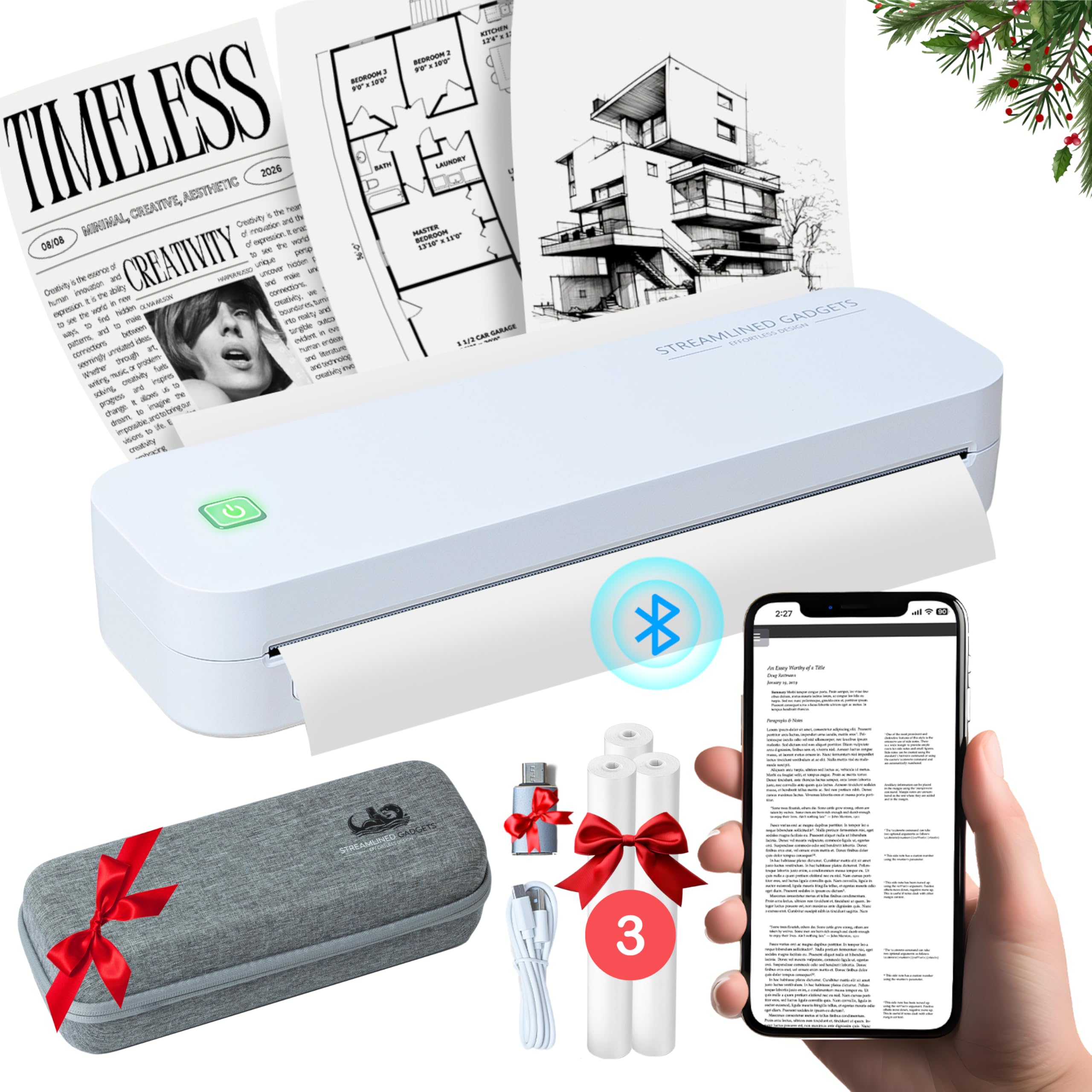 2025 Premium Portable Inkless Printer for Iphone, Android, Tablet, Laptop w/Bluetooth for home and school 8.5”x11” Thermal Printer-Wireless Mobile Printer w/FREE Protective Case, 3 rolls thermal paper