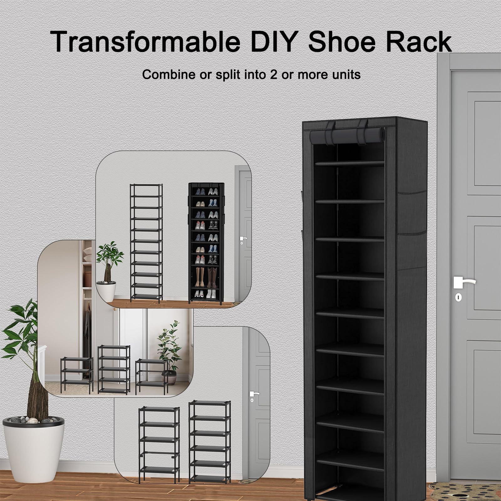 NUWFD 10-Tier Tall Shoe Rack Organizer with Dustproof Cover - Holds 20-22 Pairs, Vertical Stackable Shoe Shelf for Small Spaces, for Closet, Entryway, or Bedroom, Black